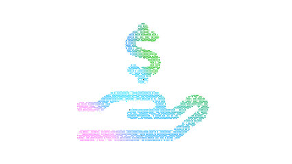 Icon hand holding usd is made up of LED square shapes. There are bright diodes and there are black dead diodes