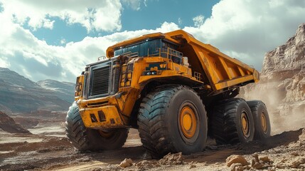 A large yellow dump truck in a rugged landscape, used for transporting materials in mining.