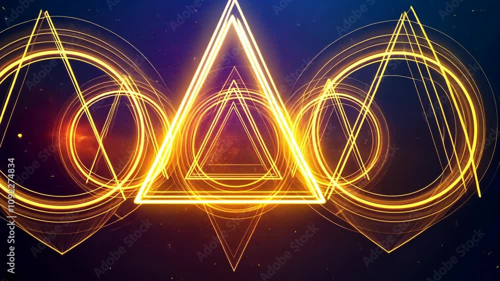 Poster golden triangles and glowing circles intersect dynamically in a vibrant digital artwork
