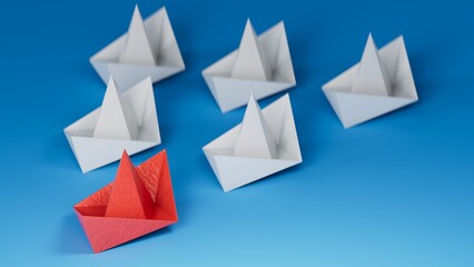 Different business concept.new ideas. paper art style.Leadership concept with red paper ship leading among white boats.3D rendering on blue background.