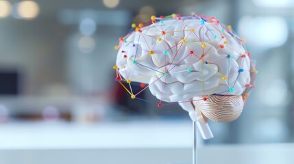 A detailed close-up of a human brain model highlights colorful wires connecting regions, symbolizing neural activity and representing mental exercise, cognitive development, and learning processes. 