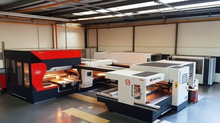 Industrial Laser Cutting Machines Operating In A Factory
