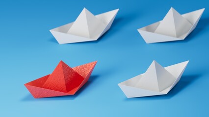 New ideas creativity and different innovative solution. Business concept. A group of paper ships, one boat is flying in the other direction, different way.