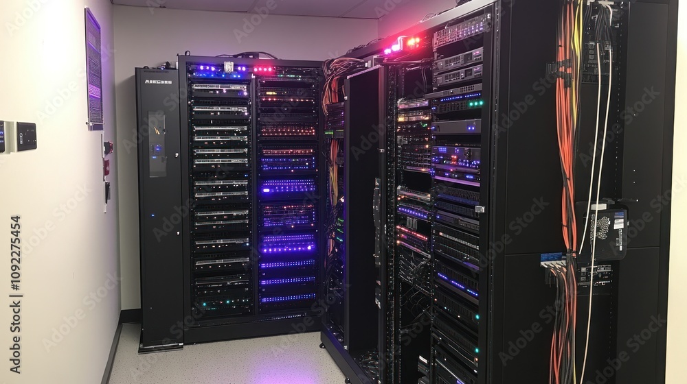Poster network server room with multiple racks of equipment