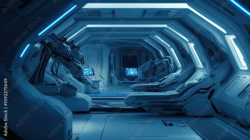 Poster futuristic spaceship corridor with robotic stations