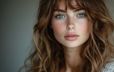 Naklejka premium Captivating portrait of a woman with natural beauty and expressive gaze in soft lighting