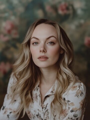 Naklejka premium Woman with long hair poses gracefully against a floral backdrop in soft lighting