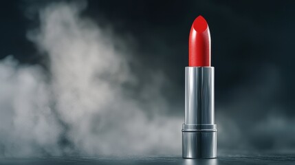 A vibrant red lipstick stands upright against a smoky background, showcasing its glossy finish and elegant design.