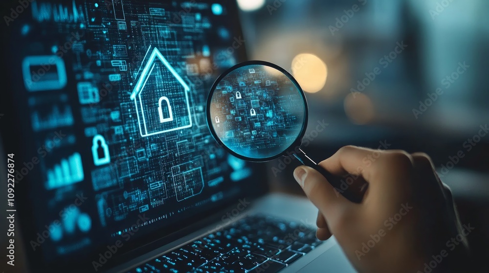 Poster hand holding magnifying glass over laptop screen displaying smart home security system interface.