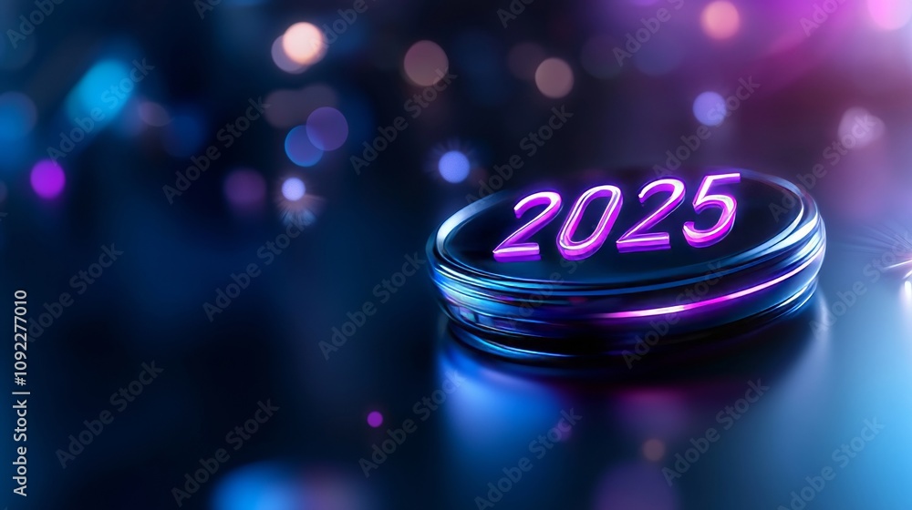 Poster futuristic representation of the year 2025 in a vibrant and colorful design with glowing elements an