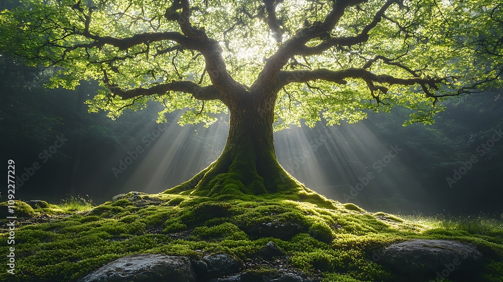 Poster enchanting woodland scene featuring a majestic tree surrounded by soft moss and sunlight filtering t