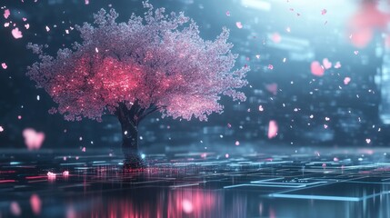 Glowing cherry blossom tree in futuristic city.