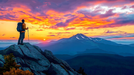 Fototapeta premium A lone hiker stands on a rocky peak, gazing at a vibrant sunset over distant mountains, surrounded by colorful clouds.