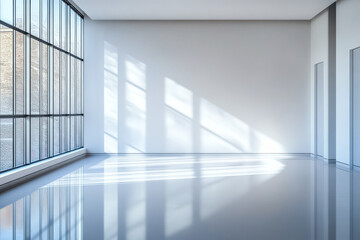 Obraz premium Modern interior space with large windows and natural light during daytime hours