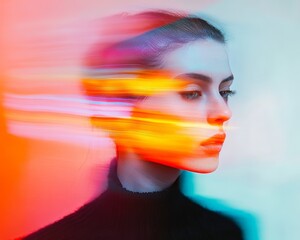Dynamic profile portrait with colorful light trails creating a surreal and artistic effect, blending motion and emotion seamlessly.