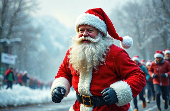 Joyful Santa joins a winter race with others, bringing Christmas spirit to snow-covered streets