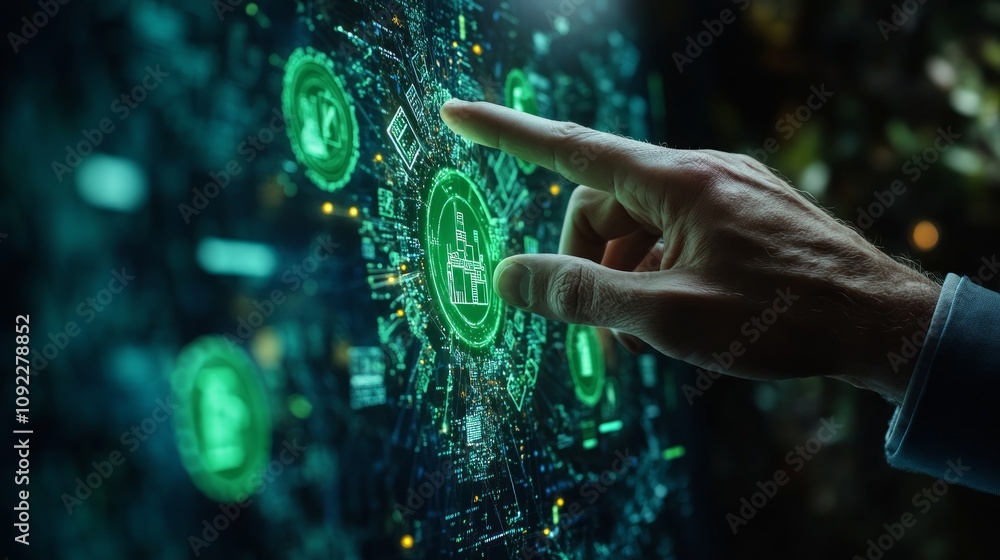 Poster hand interacting with a digital interface showing a futuristic technology.
