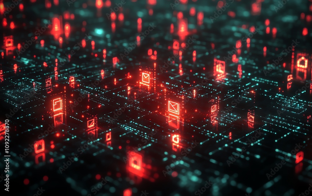 Poster abstract 3d rendering of social network connections with glowing user icons on a dark digital backgr
