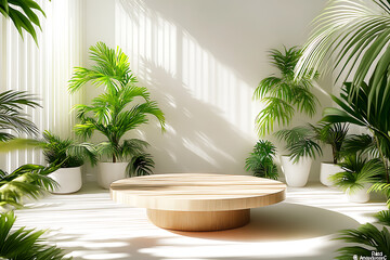 Fototapeta premium Serene Minimalist Room Decor: Lush Potted Plants and Modern Wooden Table. Peaceful, Natural Sunlight Aesthetic.