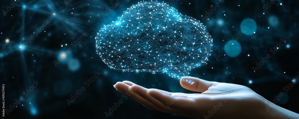 Poster digital network connections and glowing speech bubbles hovering above a hand, dark background, hight
