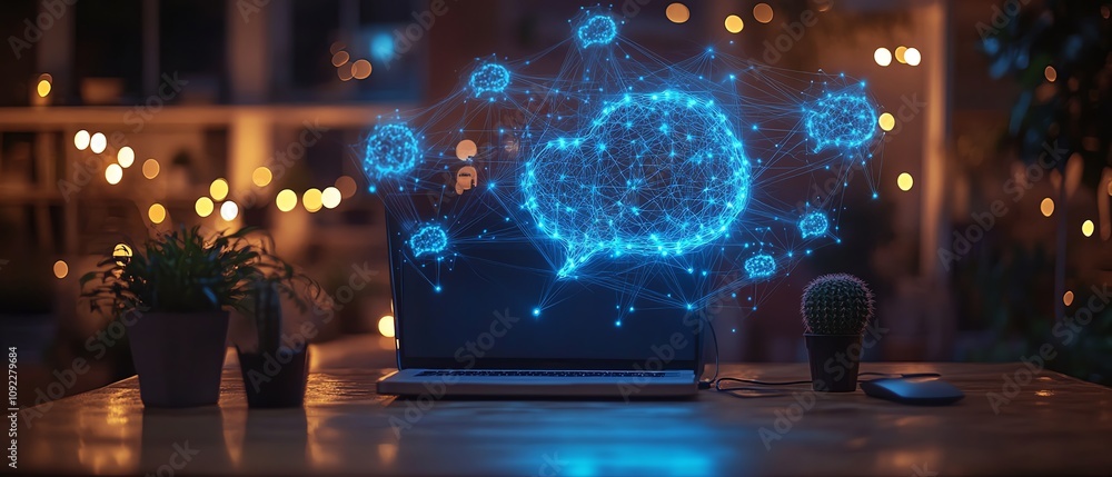 Poster digital speech bubbles and network connections hovering above a laptop on a wooden desk, glowing dat