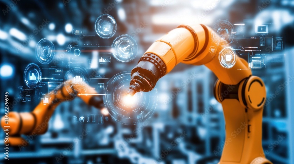 Poster robotic arms interact with digital interface in factory setting