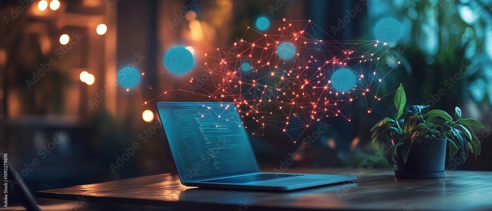 Poster digital speech bubbles and network connections hovering above a laptop on a wooden desk, glowing dat
