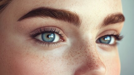 Detailed close-up image highlighting a blue eye with natural freckles and well-defined eyebrows, showcasing natural beauty and realism.