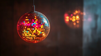 Sparkling Disco Ball Hanging in Dark Room, Colorful Mirror Tiles Reflecting Light, Party Decor