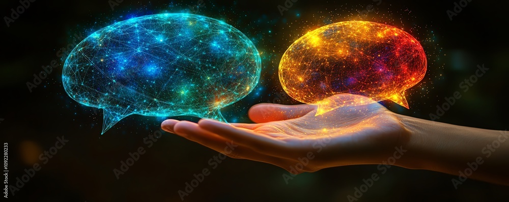 Poster futuristic hand interacting with glowing speech bubbles and network connections on a dark background