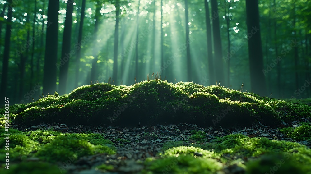 Poster enchanting twilight scene of mossy woodland illuminated by sunlight filtering through dense trees an