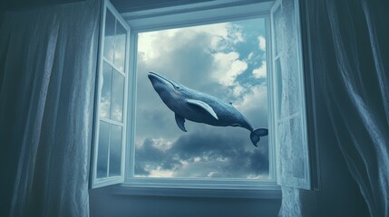 A surreal scene of a whale soaring outside an open window, blending nature with imagination against a dramatic cloudy sky.