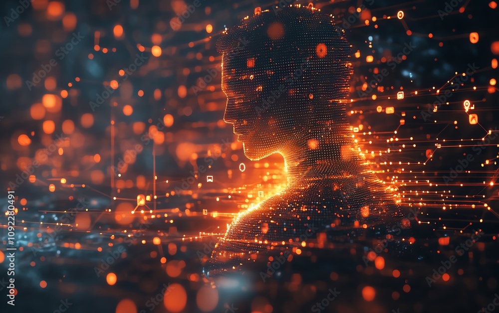 Poster futuristic social network stats concept with glowing user icons in a dark digital environment, abstr