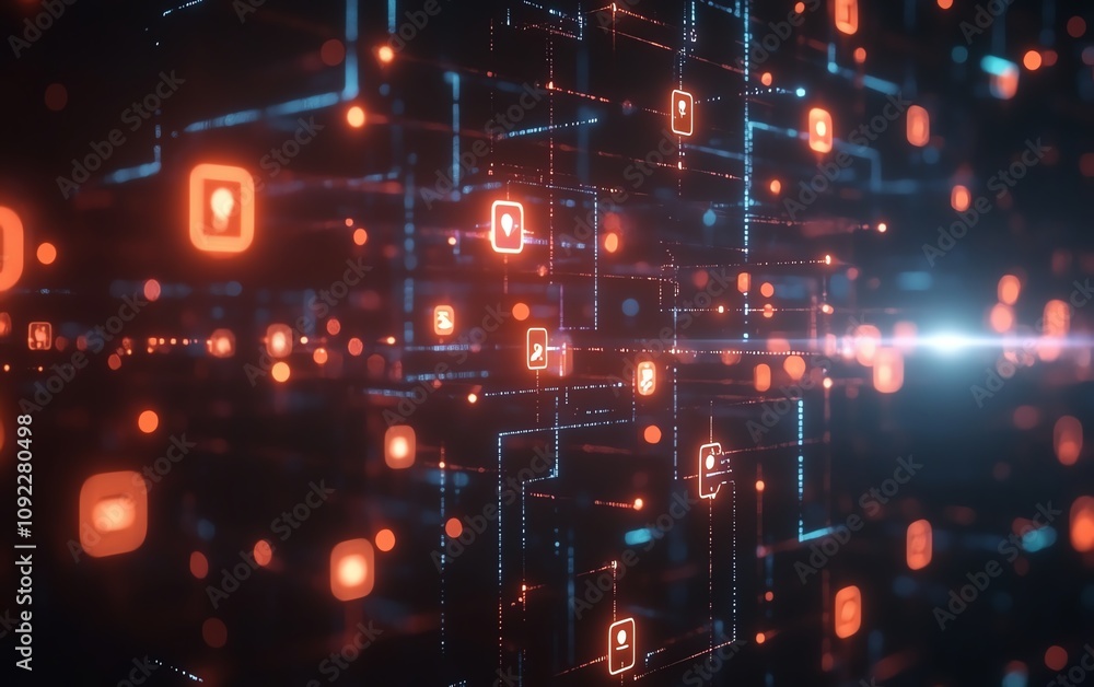 Poster futuristic social network stats concept with glowing user icons in a dark digital environment, abstr