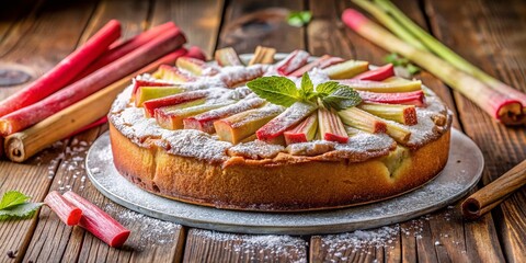 Delicious Rhabarberkuchen with Vanilla Sticks Captured in Beautiful Natural Light on a Rustic Wooden Table, Perfectly Arranged Using the Rule of Thirds for a Striking Composition