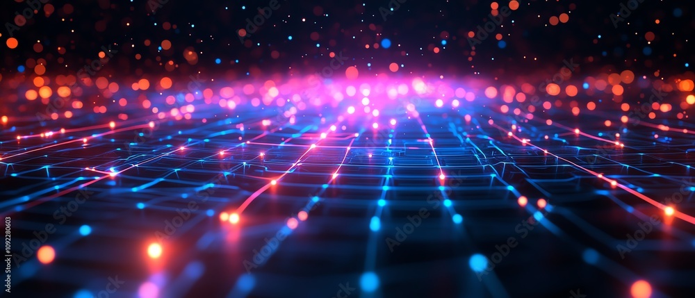 Poster glowing user icons in 3d on a dark digital network background, data stats visualized through illumin