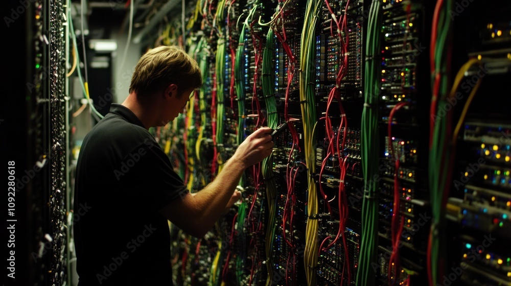 Aufkleber technician working on server rack network cables