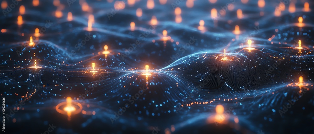 Poster glowing user icons in 3d on a dark digital network background, data stats visualized through illumin