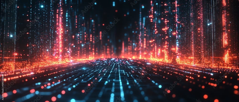 Poster glowing user icons in 3d on a dark digital network background, data stats visualized through illumin