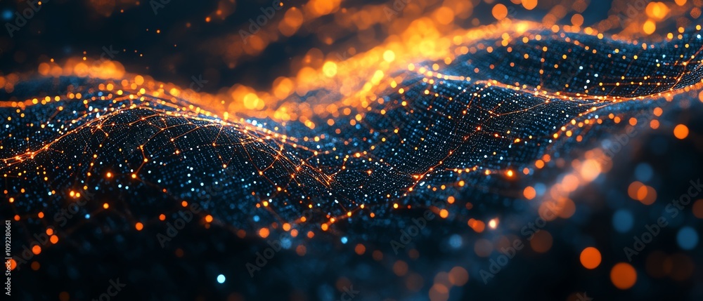Poster glowing user icons in 3d on a dark digital network background, data stats visualized through illumin