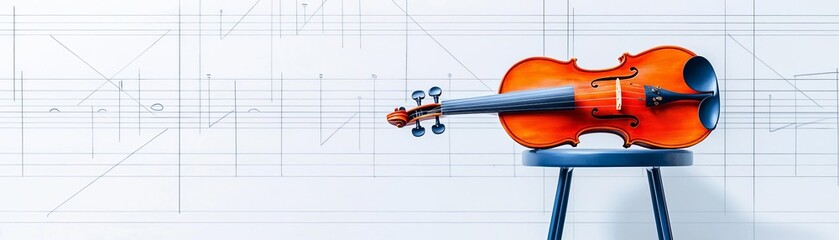 Fototapeta premium A vibrant violin rests on a stool, symbolizing passion for music. The background features abstract musical notes, inspiring creativity and harmony.