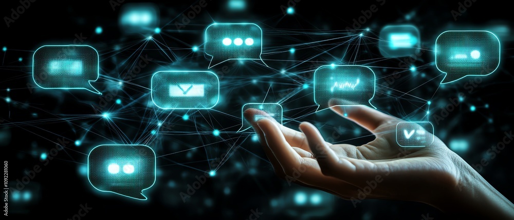 Poster hand touching glowing speech bubbles and network connections, dark background with digital data line