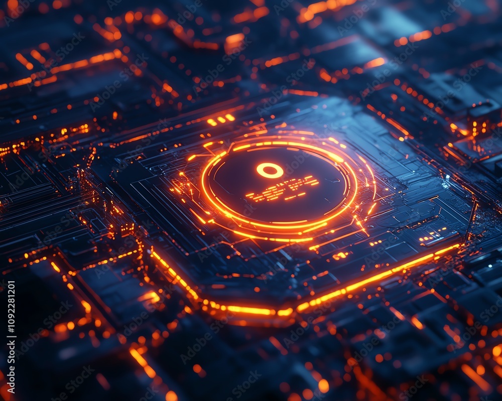 Poster hightech social network connection concept, illuminated 3d user icons surrounded by digital data sta
