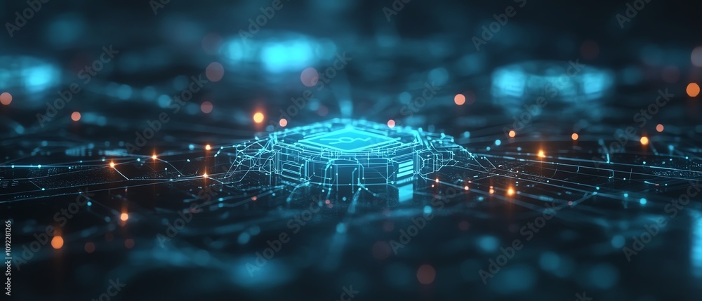 Poster illuminated digital user icons forming a connected network on a dark techthemed background, glowing 