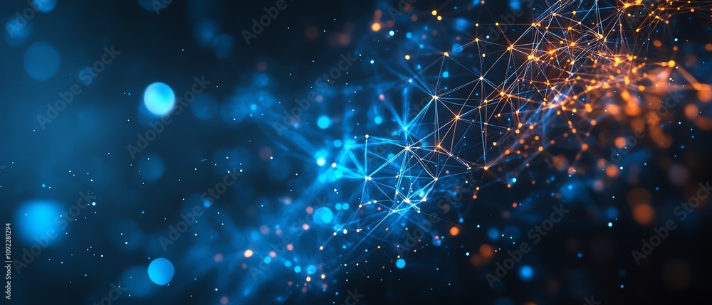 Poster illuminated digital user icons forming a connected network on a dark techthemed background, glowing 