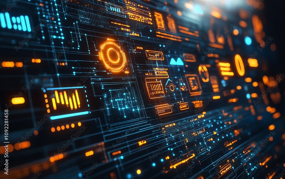 Poster social media network concept with glowing user icons and illuminated data statistics against a dark,