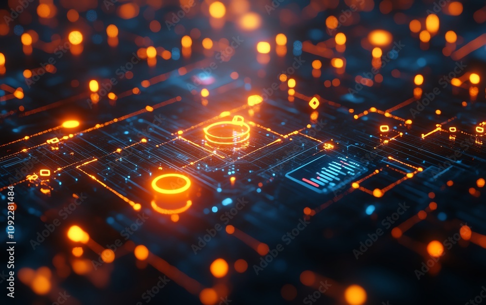 Poster social media network concept with glowing user icons and illuminated data statistics against a dark,
