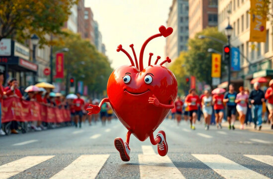 A cheerful heart character participates in a vibrant city marathon surrounded by enthusiastic spectators and runners