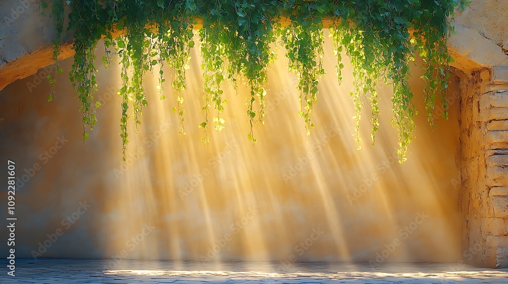 Poster charming cascading vines with lush greenery illuminated by gentle rays of light in a rustic stone ar