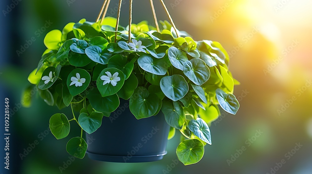 Poster lush green vines cascading elegantly from a vintage hanging planter with soft sunlight illumination 